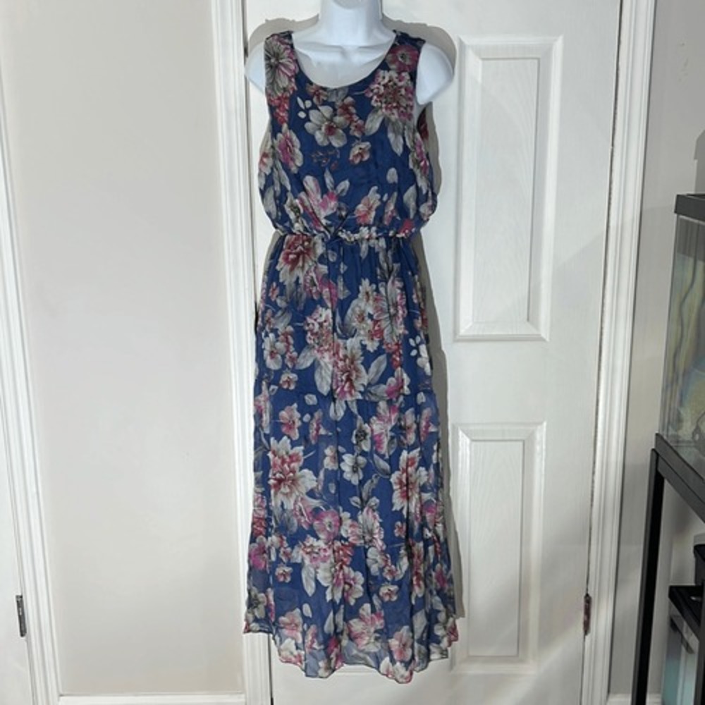 NWT Lara G Italy Womens Blue Floral Tiered Maxi Dress Sleeveless Elastic Waist M